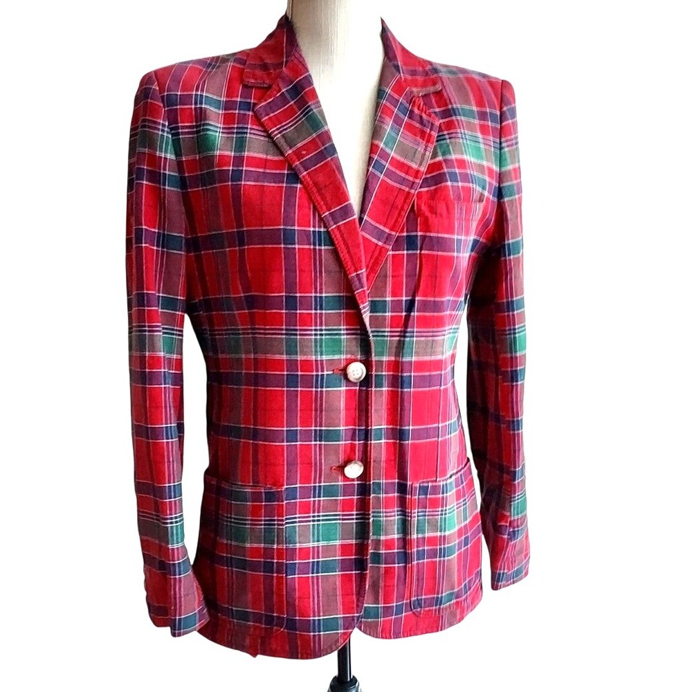 Vtg The Villager Classic Women's Blazer Jacket M Cotton Red Madras Plaid‎ Preppy